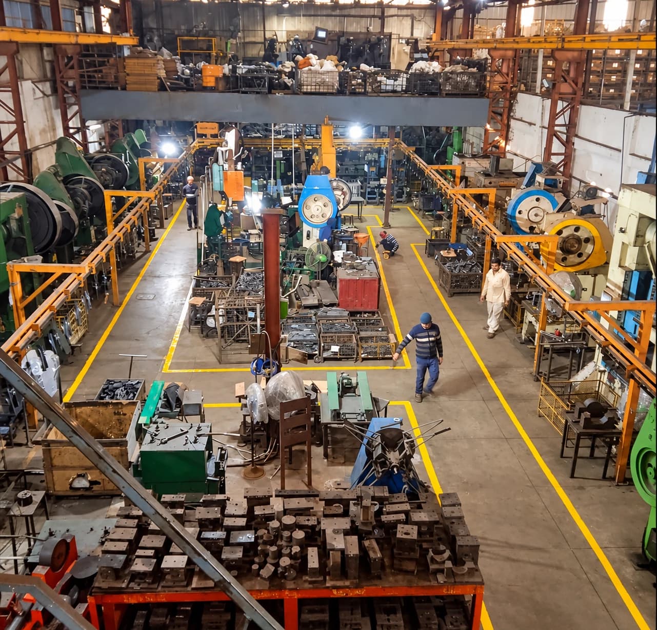 Overhead view of a busy manufacturing shop floor with power presses, tooling and marked walkways